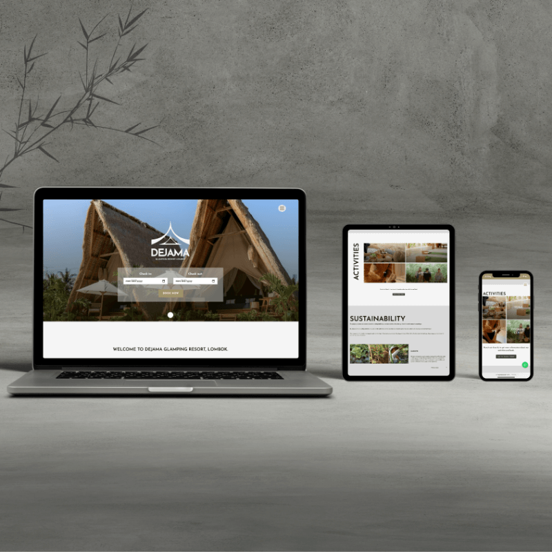 Laptop, phone, and tablet featuring the Dejama Glamping Resort Lombok website design.