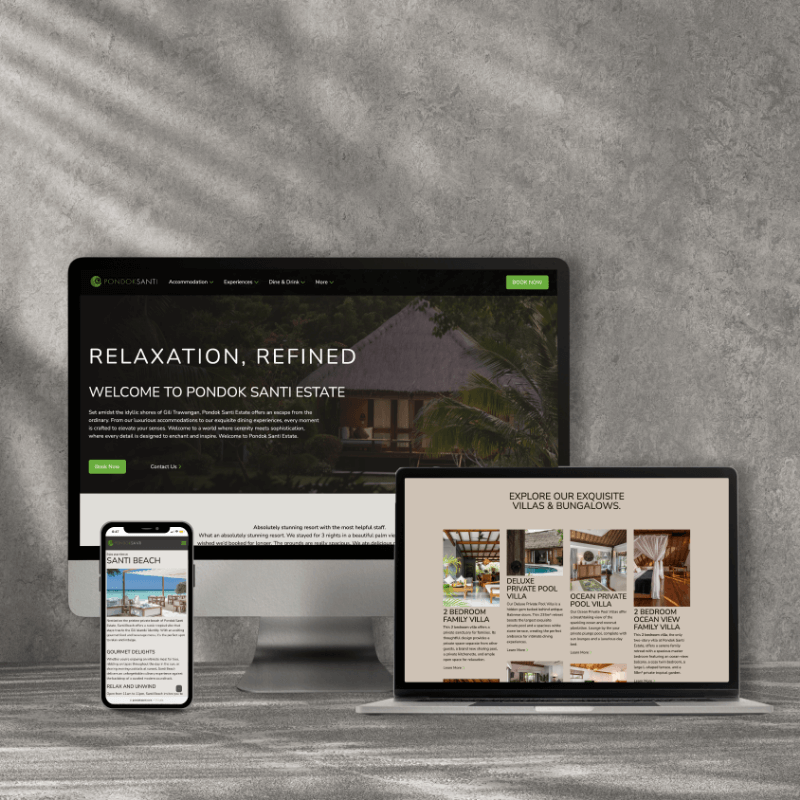 Laptop, phone, and tablet showcasing the Pondok Santi Estate website design.
