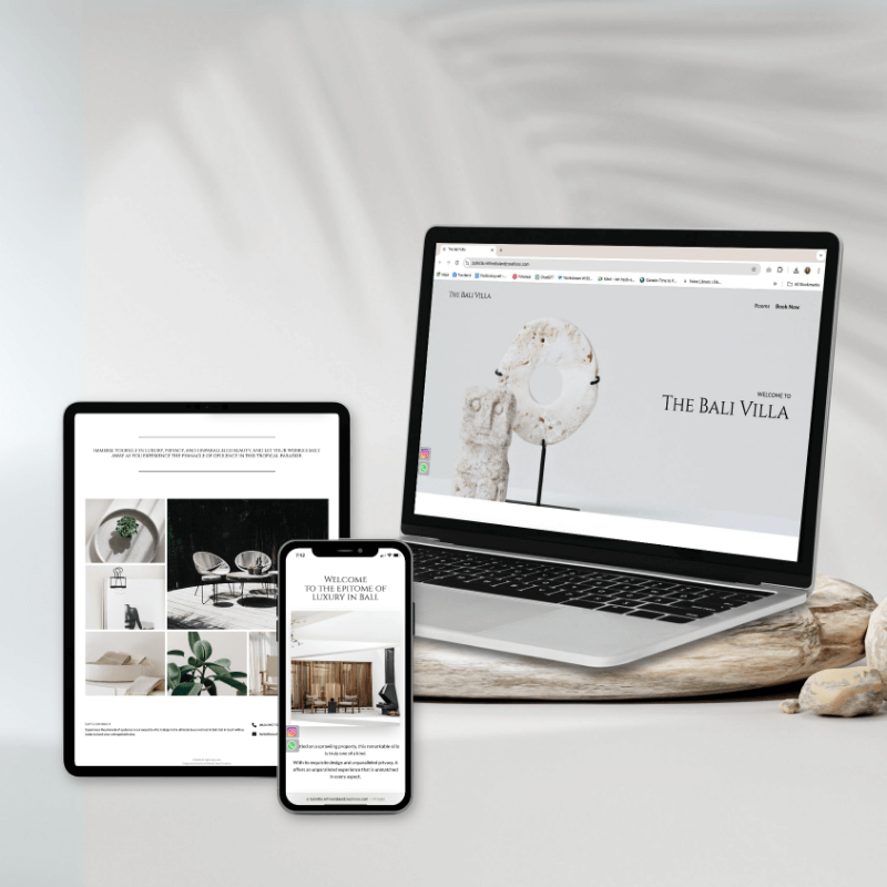 Laptop, tablet, and mobile phone displaying the website design for The Bali Villa.
