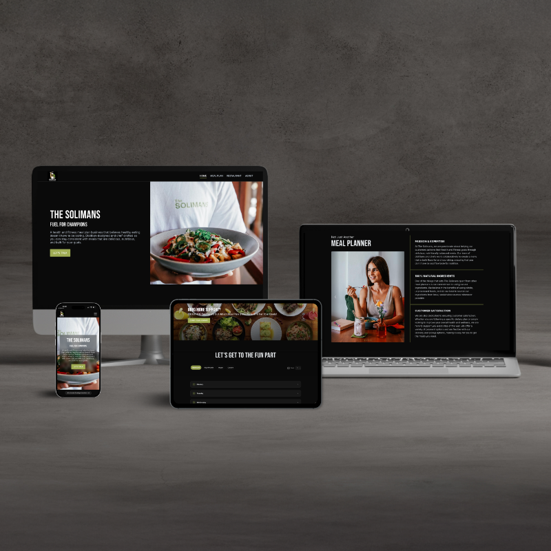 Laptop, tablet and phone displaying The Solimans website design.